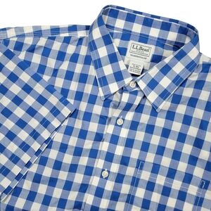 LL Bean Button Up Shirt Mens XL Blue Gingham Traditional Fit Cotton Short Sleeve